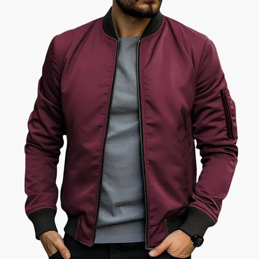 Men's Bomber Jacket | Ribbed Collar | Fitted | Autumn - Burgundy