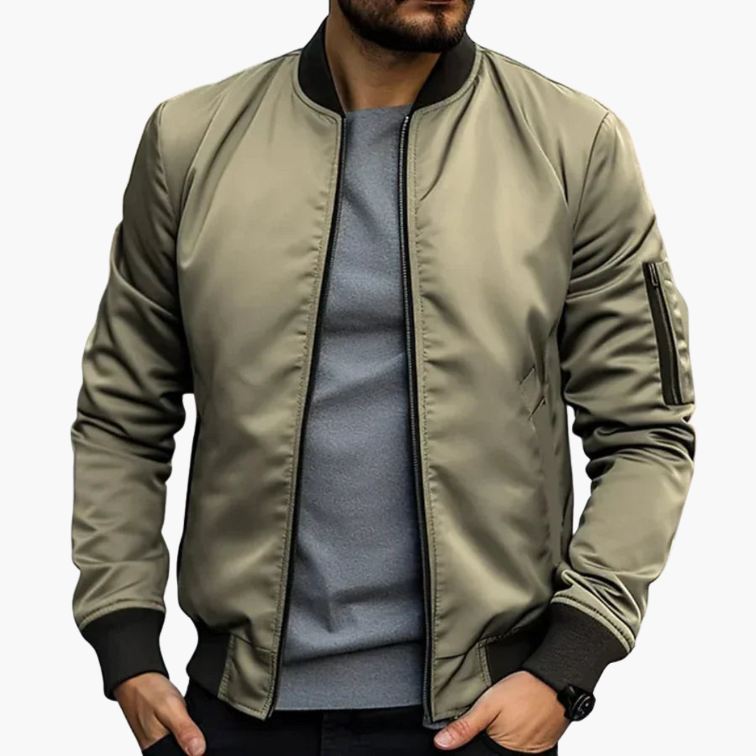 Men's Bomber Jacket | Ribbed Collar | Fitted | Autumn - Khaki