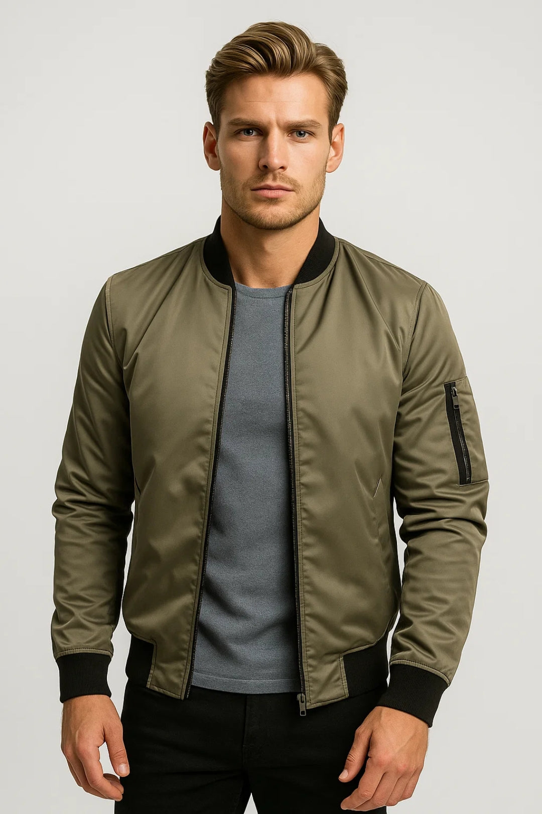 Men's Bomber Jacket | Zipper Sleeves | Timeless | Autumn - Khaki