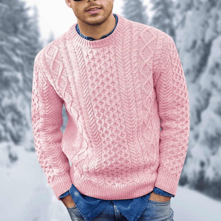 Men's Cable Knit Sweater | Crew Neck | Winter - Pink