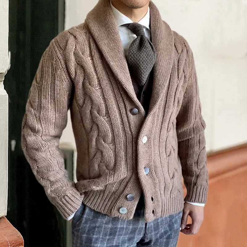 Men's Cardigan | Textured Knit | Button Front | Winter - Khaki