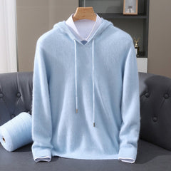 Men's Cashmere Hooded Pullover - Relaxed Knit Sweater | Autumn - Blue