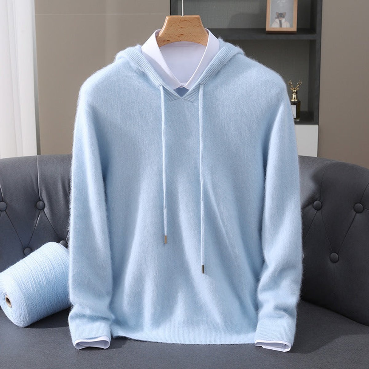 Men's Cashmere Hooded Pullover - Relaxed Knit Sweater | Autumn - Blue
