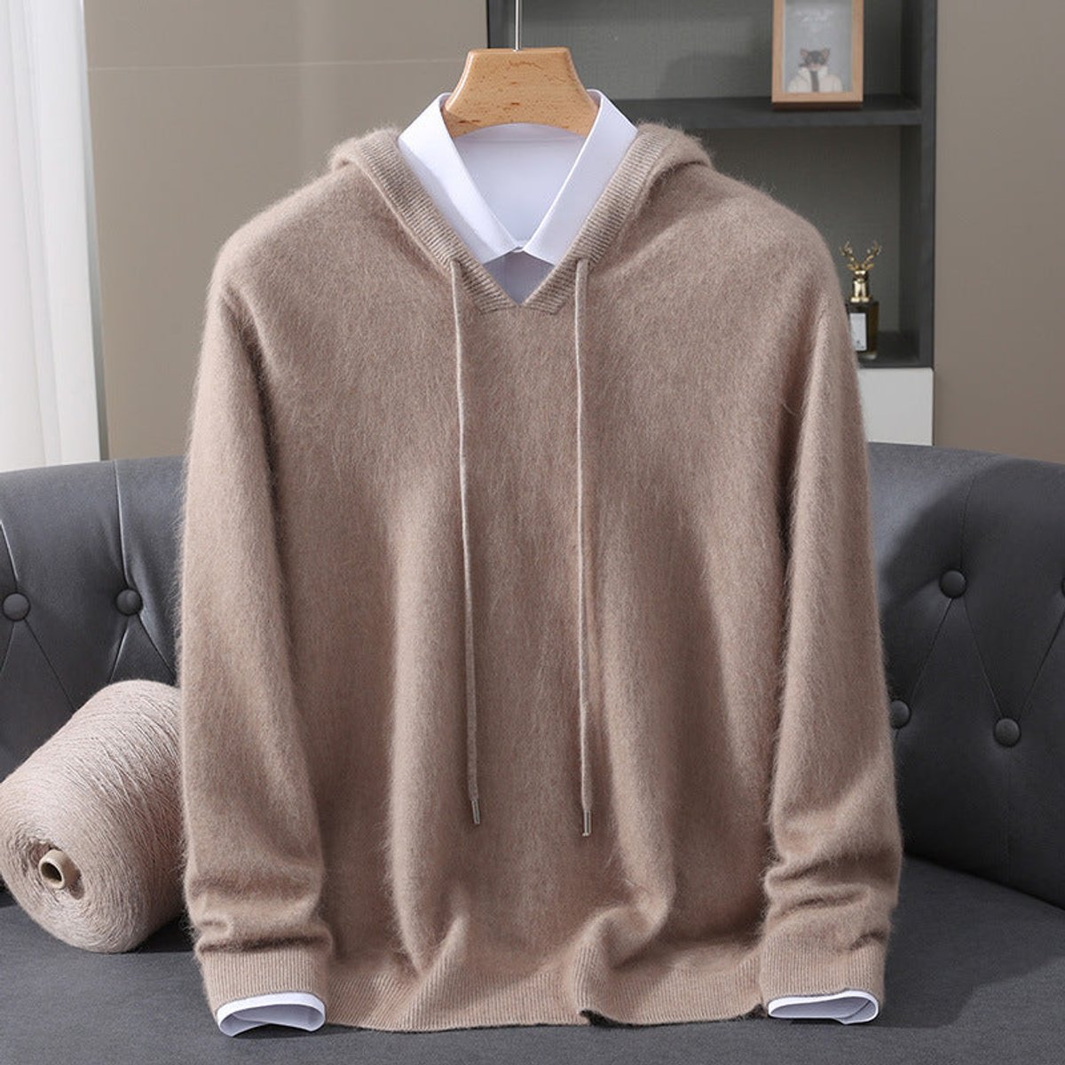 Men's Cashmere Hooded Pullover - Relaxed Knit Sweater | Autumn - Camel