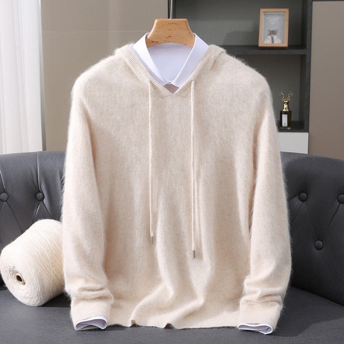 Men's Cashmere Hooded Pullover - Relaxed Knit Sweater | Autumn - Cream