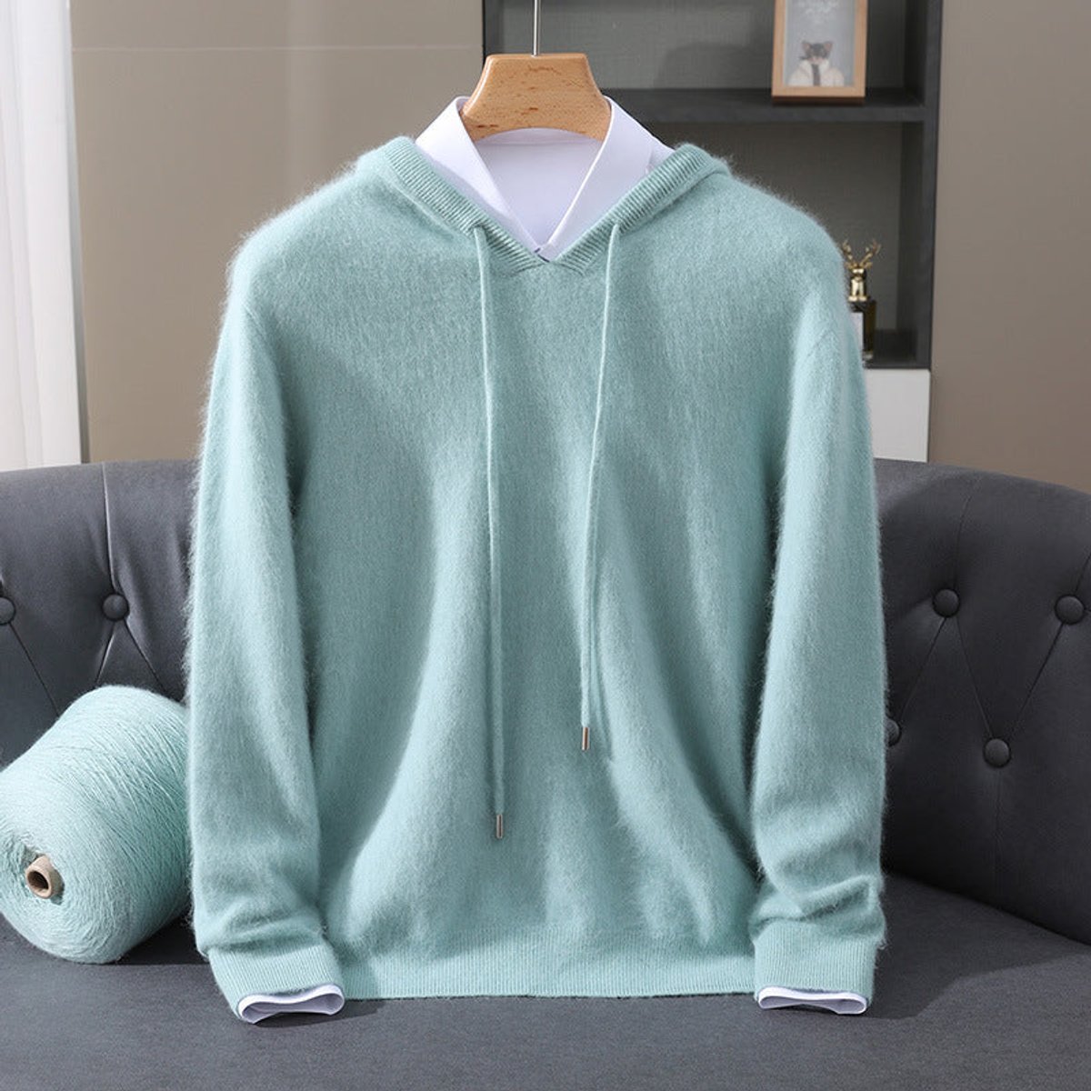 Men's Cashmere Hooded Pullover - Relaxed Knit Sweater | Autumn - Teal