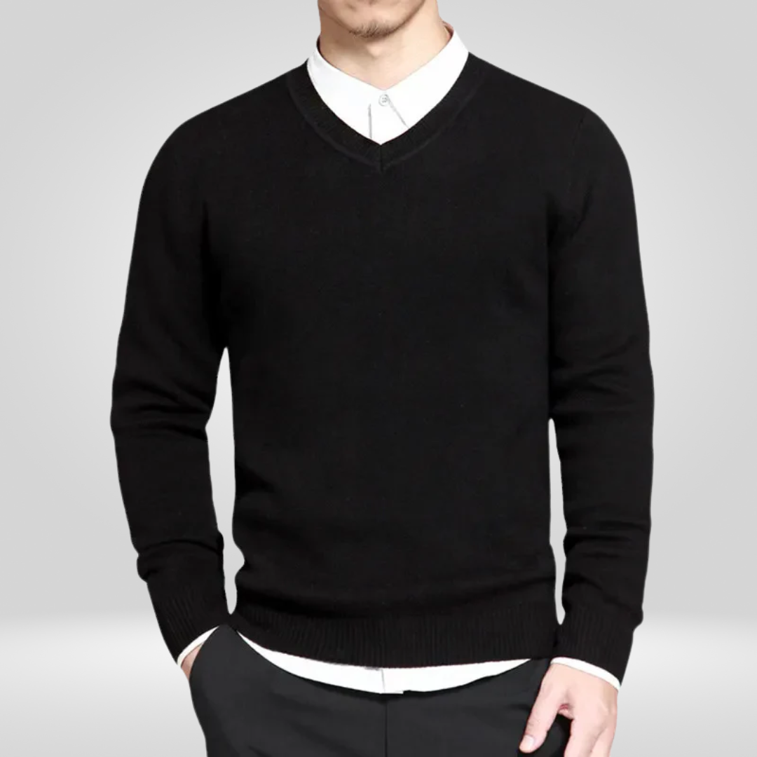 Men's Casual V-Neck Sweater | Cotton Blend | Winter - Black