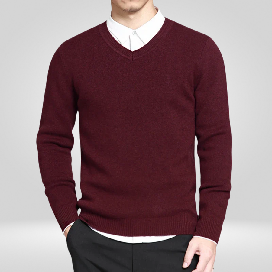 Men's Casual V-Neck Sweater | Cotton Blend | Winter - Wine Red