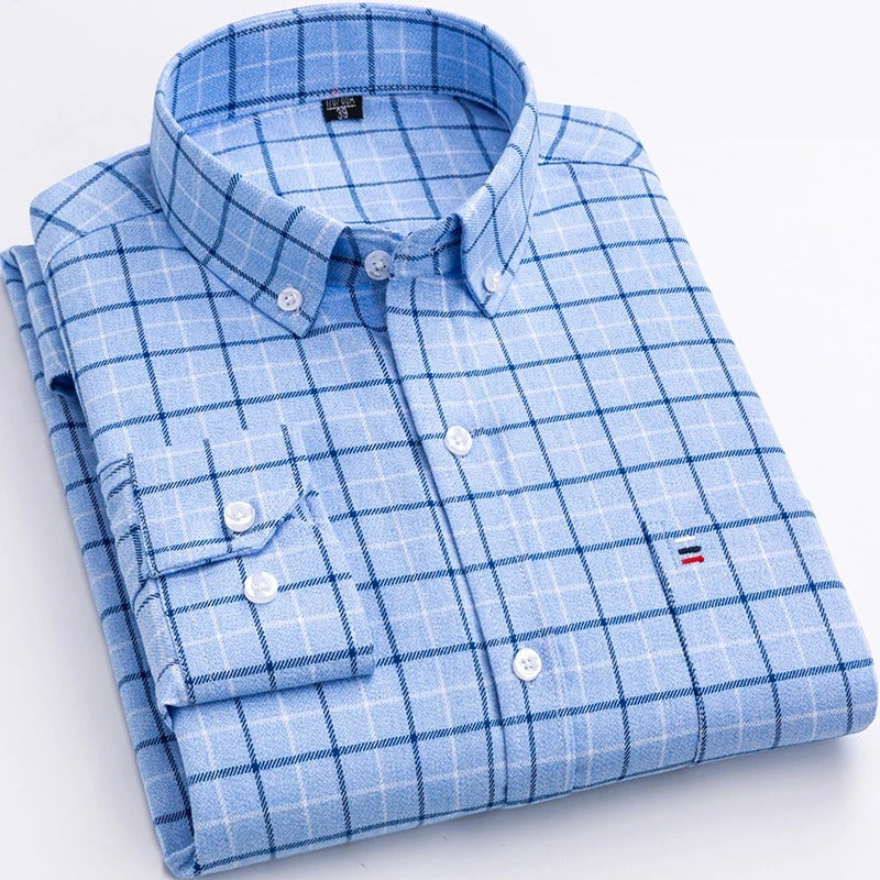 Men's Checked Cotton Shirt - Classic Plaid | Autumn - Blue