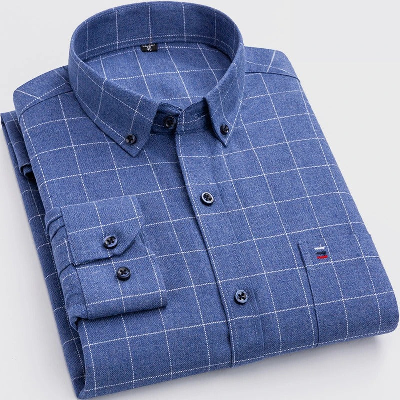 Men's Checked Cotton Shirt - Classic Plaid | Autumn - Ocean Blue