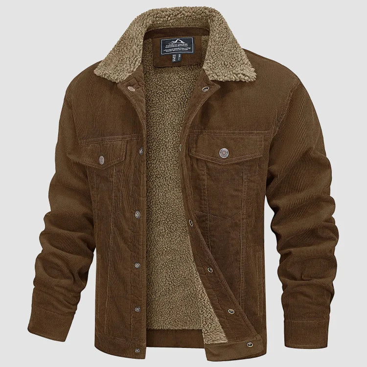 Men's Corduroy Winter Jacket with Hood - Slim Fit - Brown