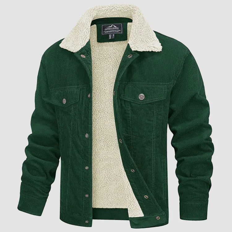 Men's Corduroy Winter Jacket with Hood - Slim Fit - Green