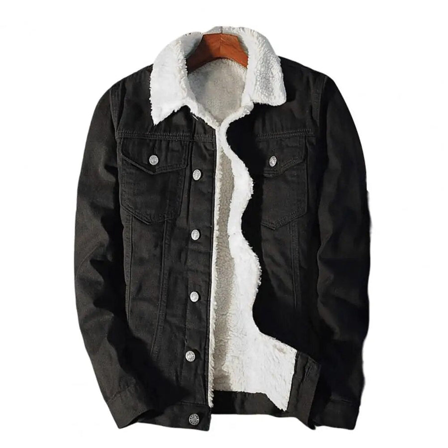 Men's Denim Fleece Jacket - Warm Winter Style - Black