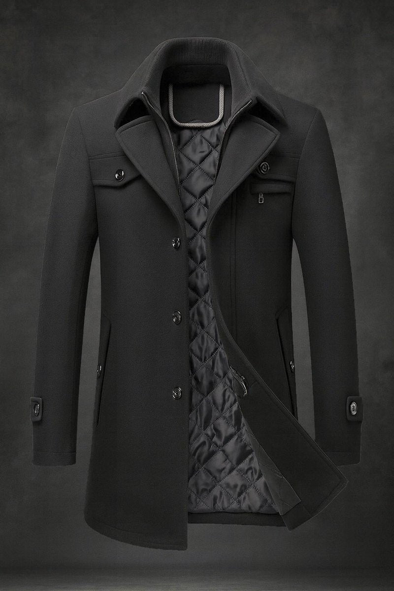 Men's Double-Collar Wool Overcoat – Quilted Lined | Winter - Black