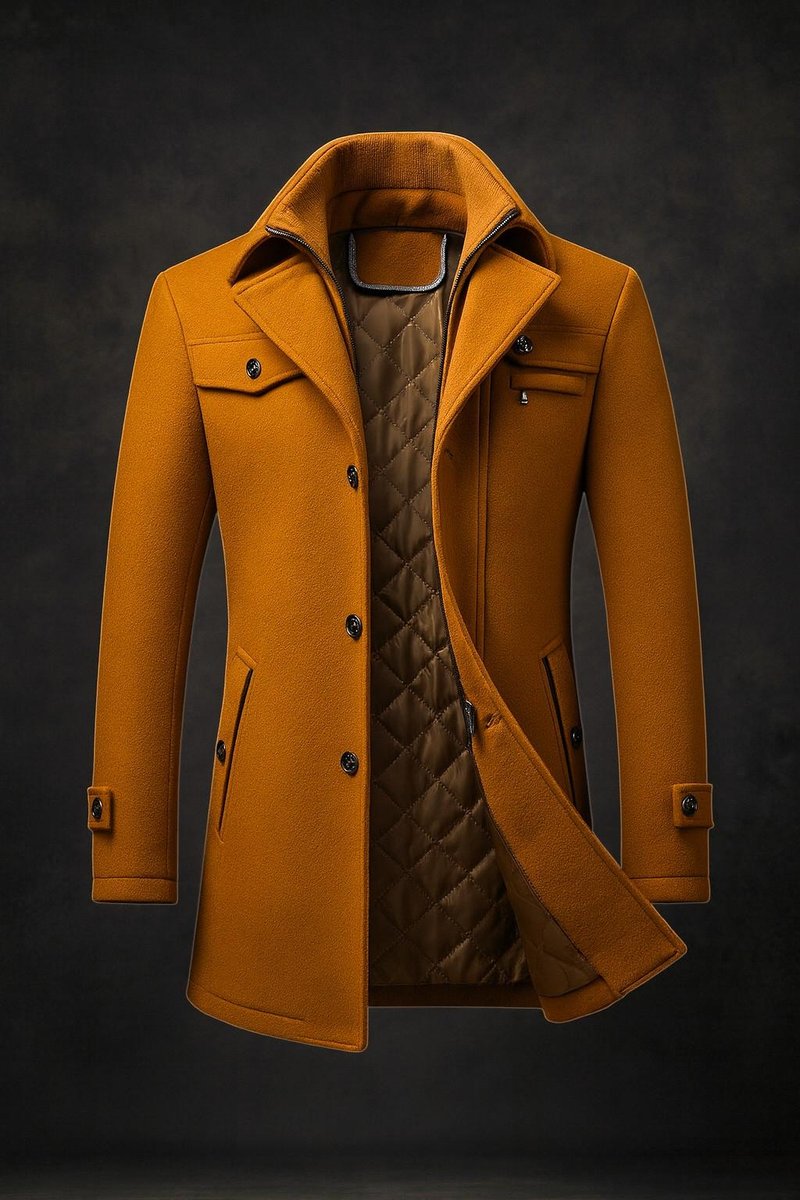 Men's Double-Collar Wool Overcoat – Quilted Lined | Winter - Brown