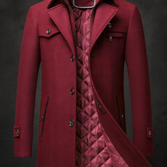 Men's Double-Collar Wool Overcoat – Quilted Lined | Winter - Burgundy