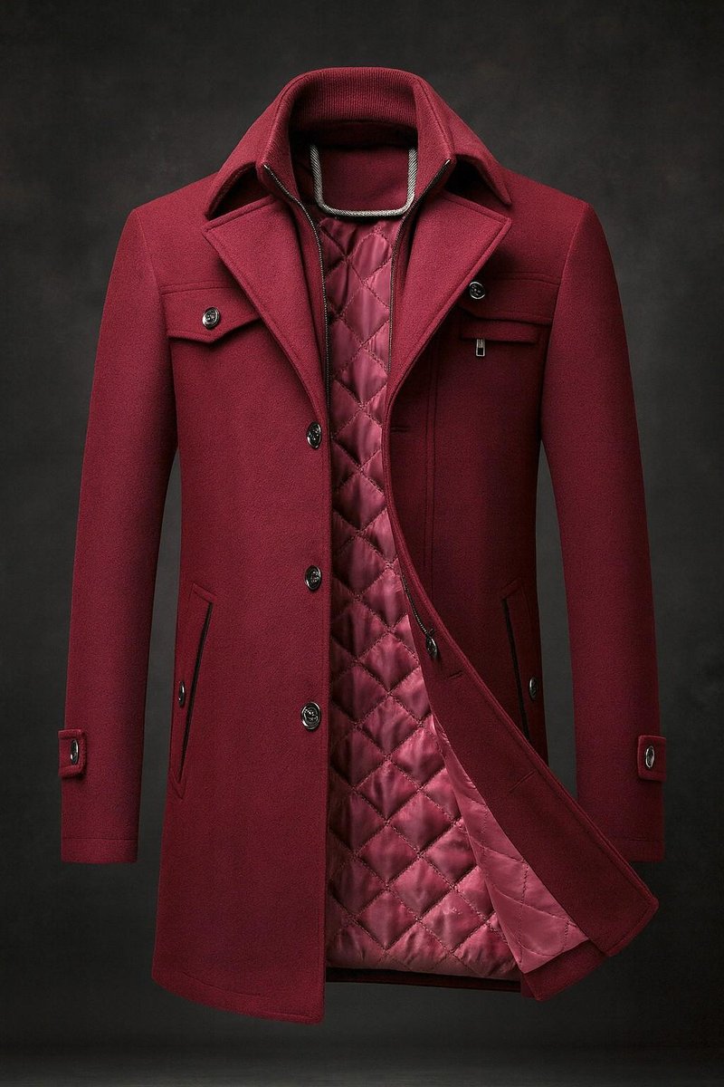 Men's Double-Collar Wool Overcoat – Quilted Lined | Winter - Burgundy