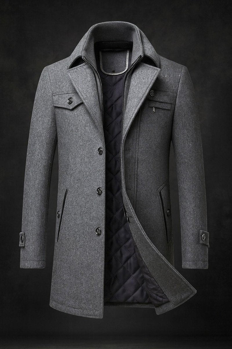 Men's Double-Collar Wool Overcoat – Quilted Lined | Winter - Grey
