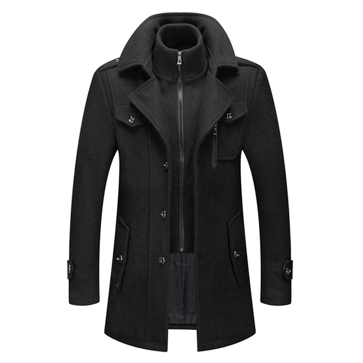 Men's Double-Layer Wool Blend Overcoat - Single-Breasted | Winter - Black