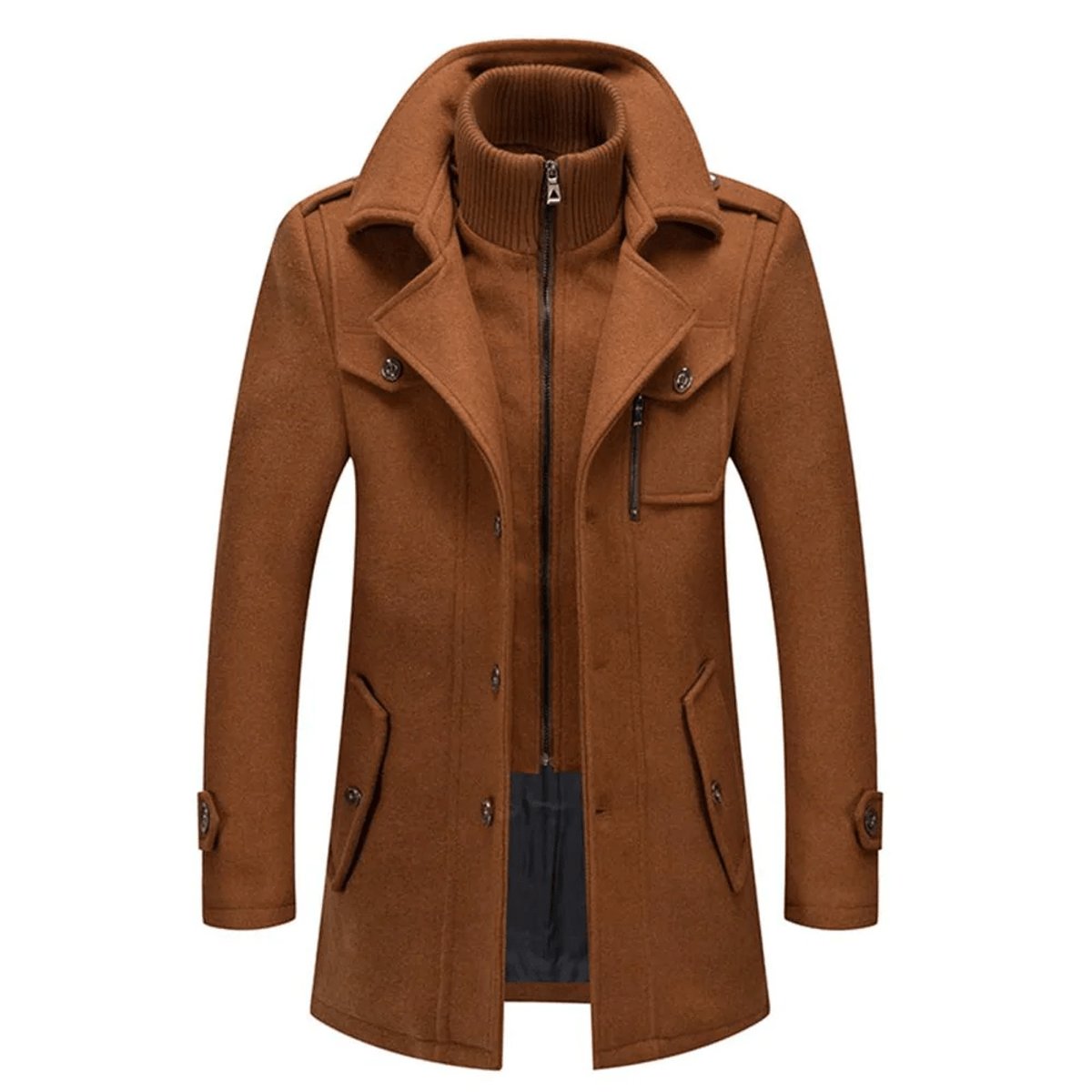 Men's Double-Layer Wool Blend Overcoat - Single-Breasted | Winter - Brown