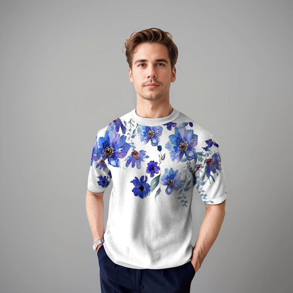 Men's Floral Short Sleeve Shirt | Botanical | Summer - Blue