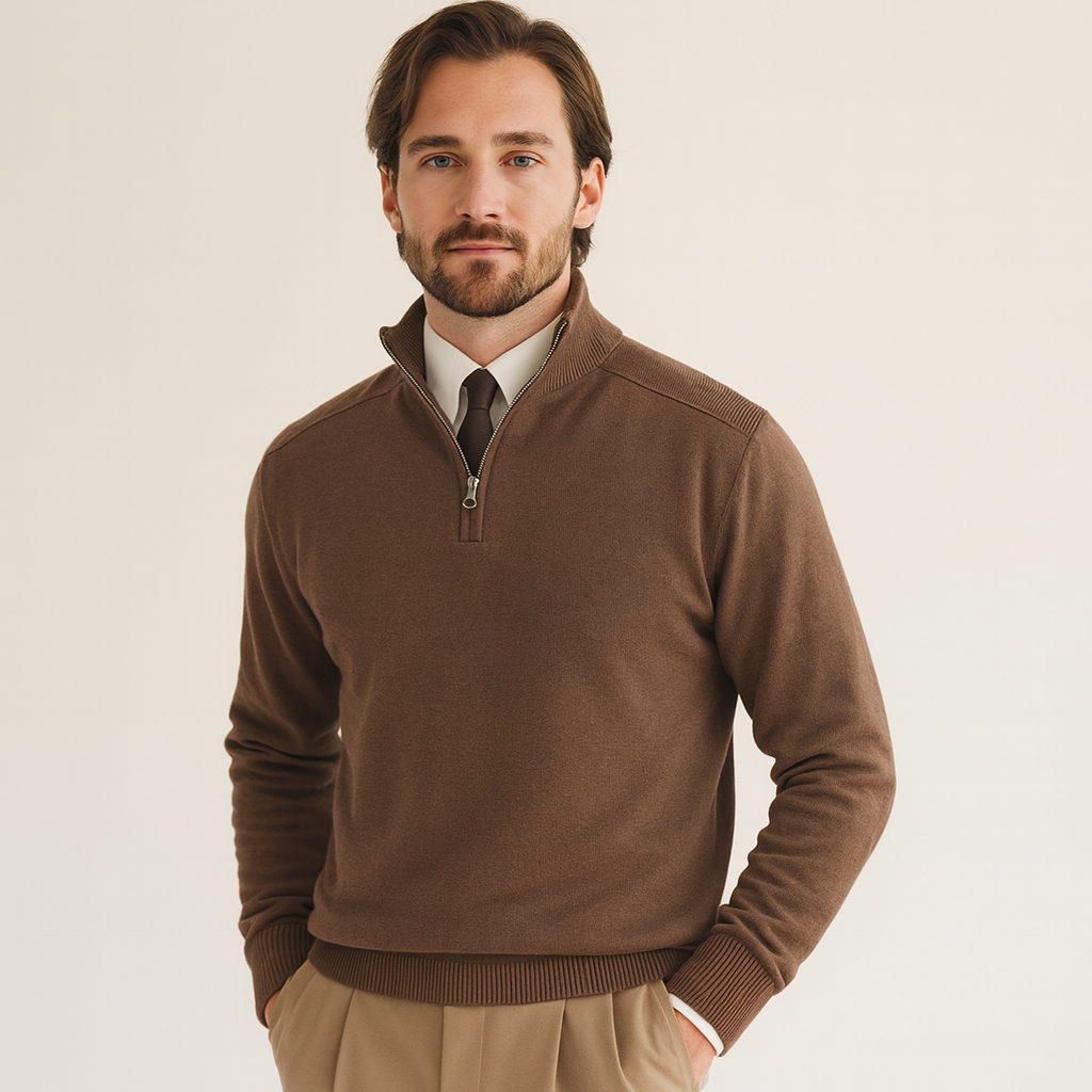 Men's Half-Zip Sweater | High Collar | Luxury | Winter - Brown