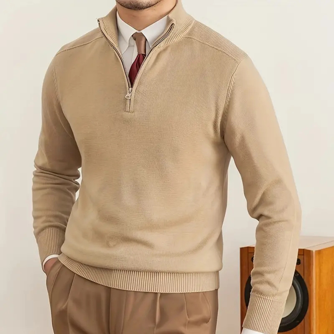 Men's Half-Zip Sweater | High Collar | Luxury | Winter - Khaki
