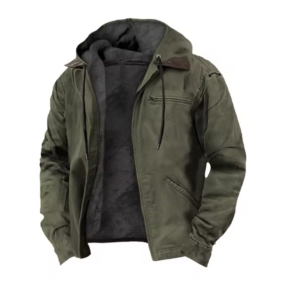 Men's Hooded Jacket | Vintage | Zip Front | Winter - Olive