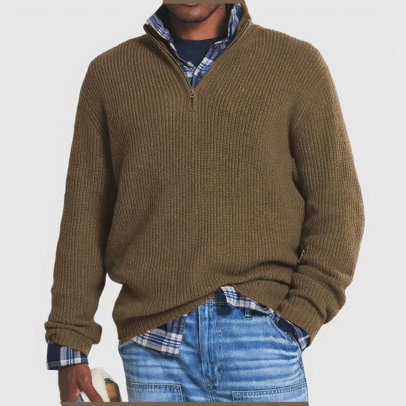 Men's Knit Sweater | Half Zipper | Warm | Winter - Olive