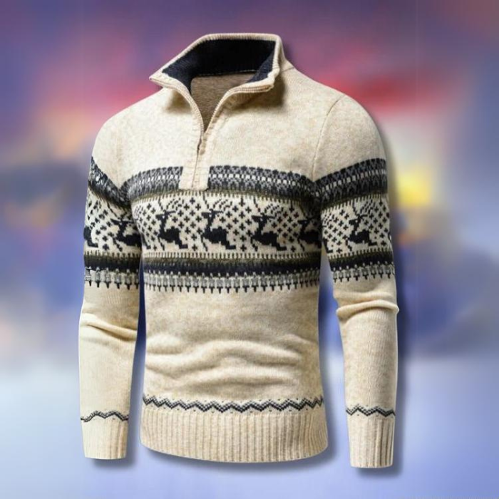 Men's Knitwear | Patterned | Half-Zip | Winter - Beige