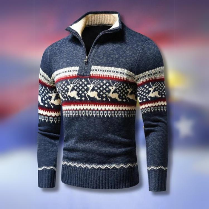 Men's Knitwear | Patterned | Half-Zip | Winter - Blue