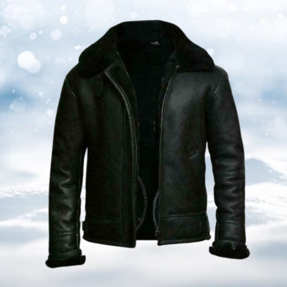 Men's Leather Jacket | Sherpa Lined | Aviator | Winter - Black