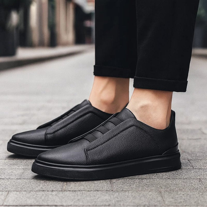 Men's Leather Slip-On Sneakers Elastic Strap | Spring - Black