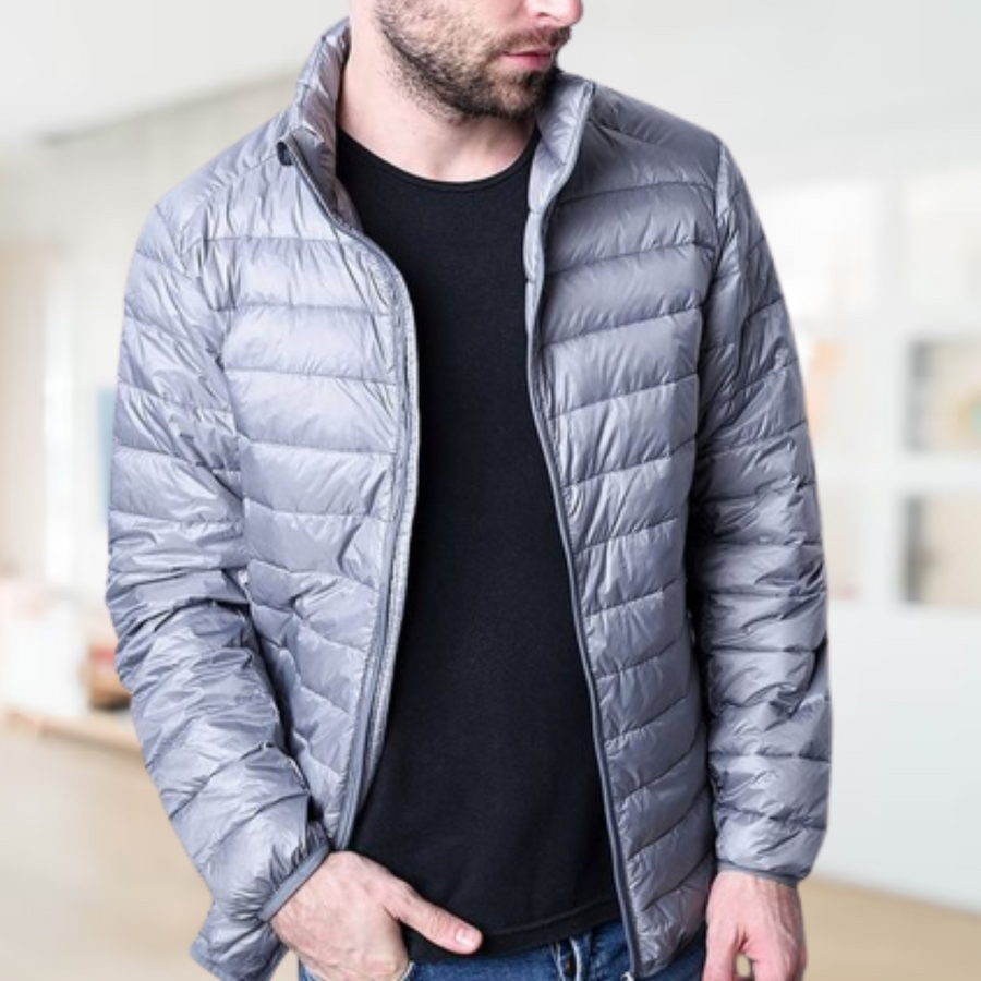 Men's Lightweight Quilted Down Jacket - Warm Winter Puffer - Grey