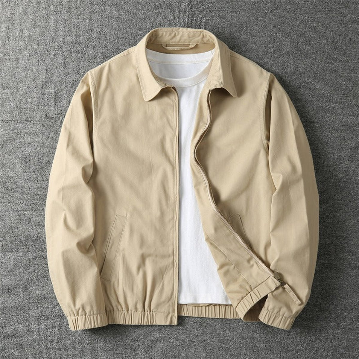 Men's Lightweight Zip-Up Bomber Jacket - Relaxed Fit | Spring - Beige