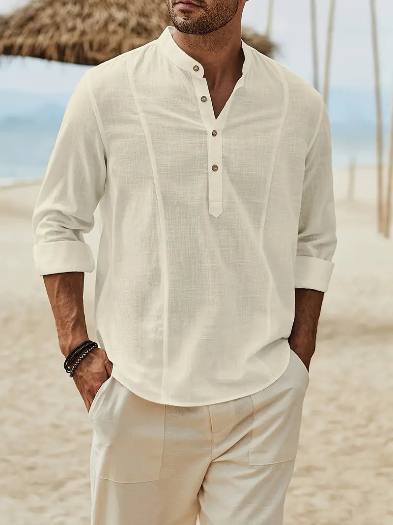 Men's Linen Blend Beach Shirt - Relaxed Collar Style | Spring - Beige