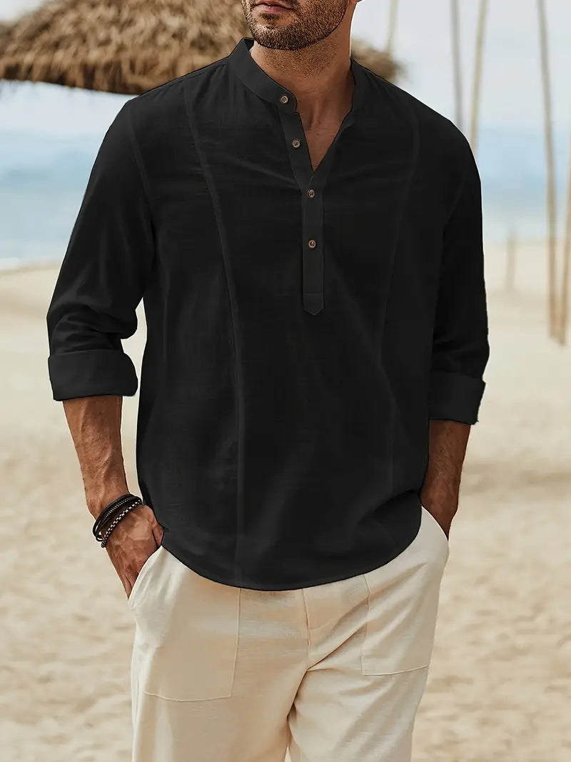 Men's Linen Blend Beach Shirt - Relaxed Collar Style | Spring - Black
