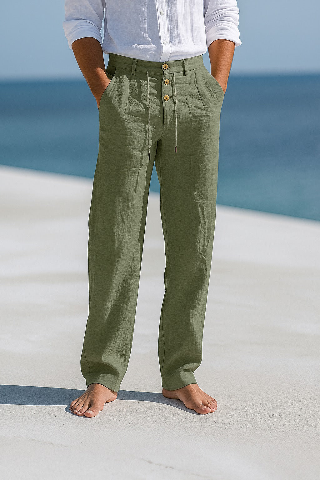 Men's Linen Pants - Breathable Summer Trousers - Military Green