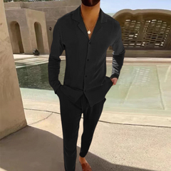 Men's Linen Set | Shirt & Shorts | Cuban Collar | Summer - Black
