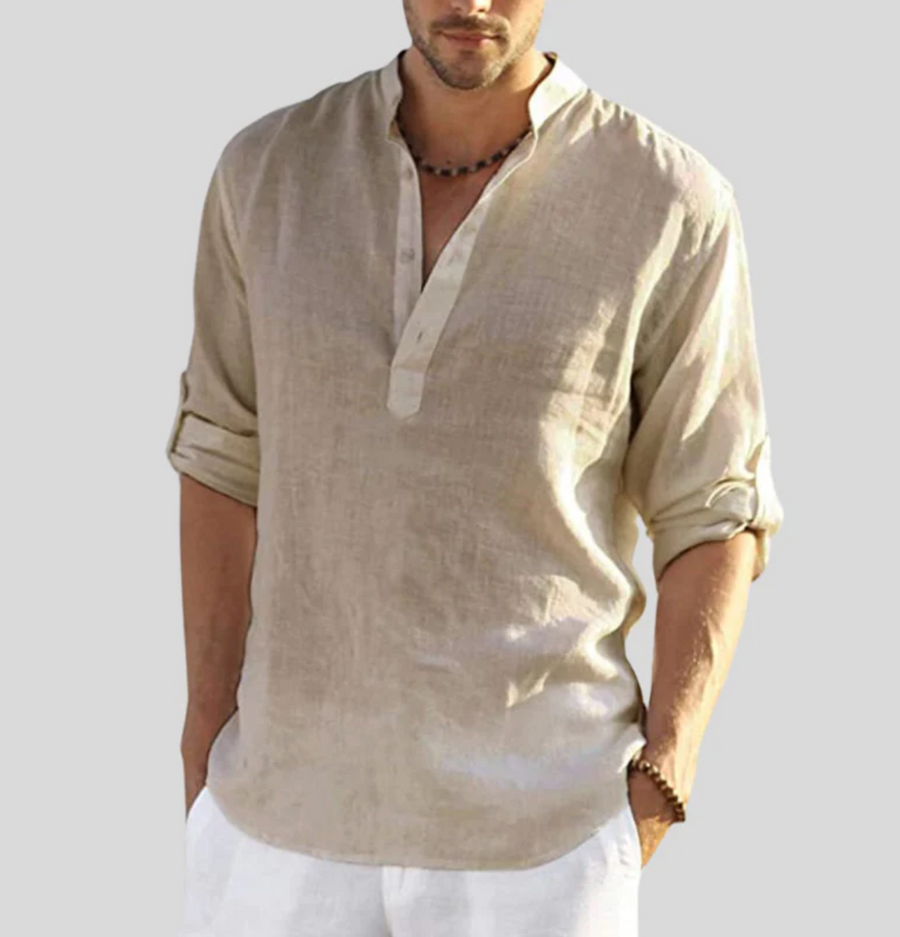 Men's Linen Shirt | Relaxed V-Neck | Summer - Beige