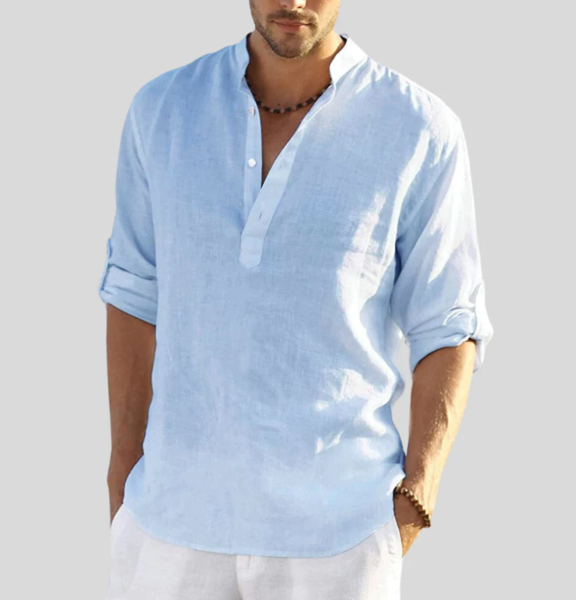 Men's Linen Shirt | Relaxed V-Neck | Summer - Light Blue