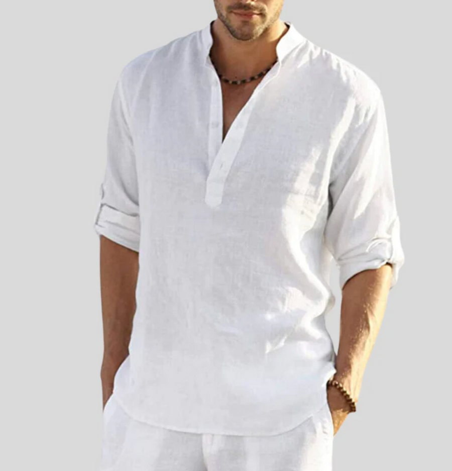 Men's Linen Shirt | Relaxed V-Neck | Summer - White