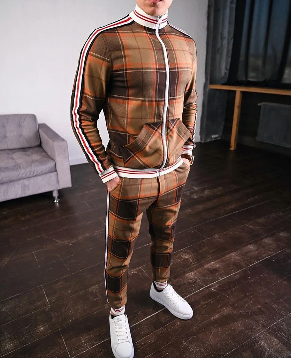 Men's Long Sleeve Casual Set - Contemporary Autumn Style - Orange