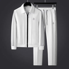 Men's Lycra Zip-Up Tracksuit Set - Athletic Two-Piece | Autumn - White