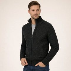 Men's Merino Wool Full-Zip Mock Neck Sweater - Tailored Warmth - Black