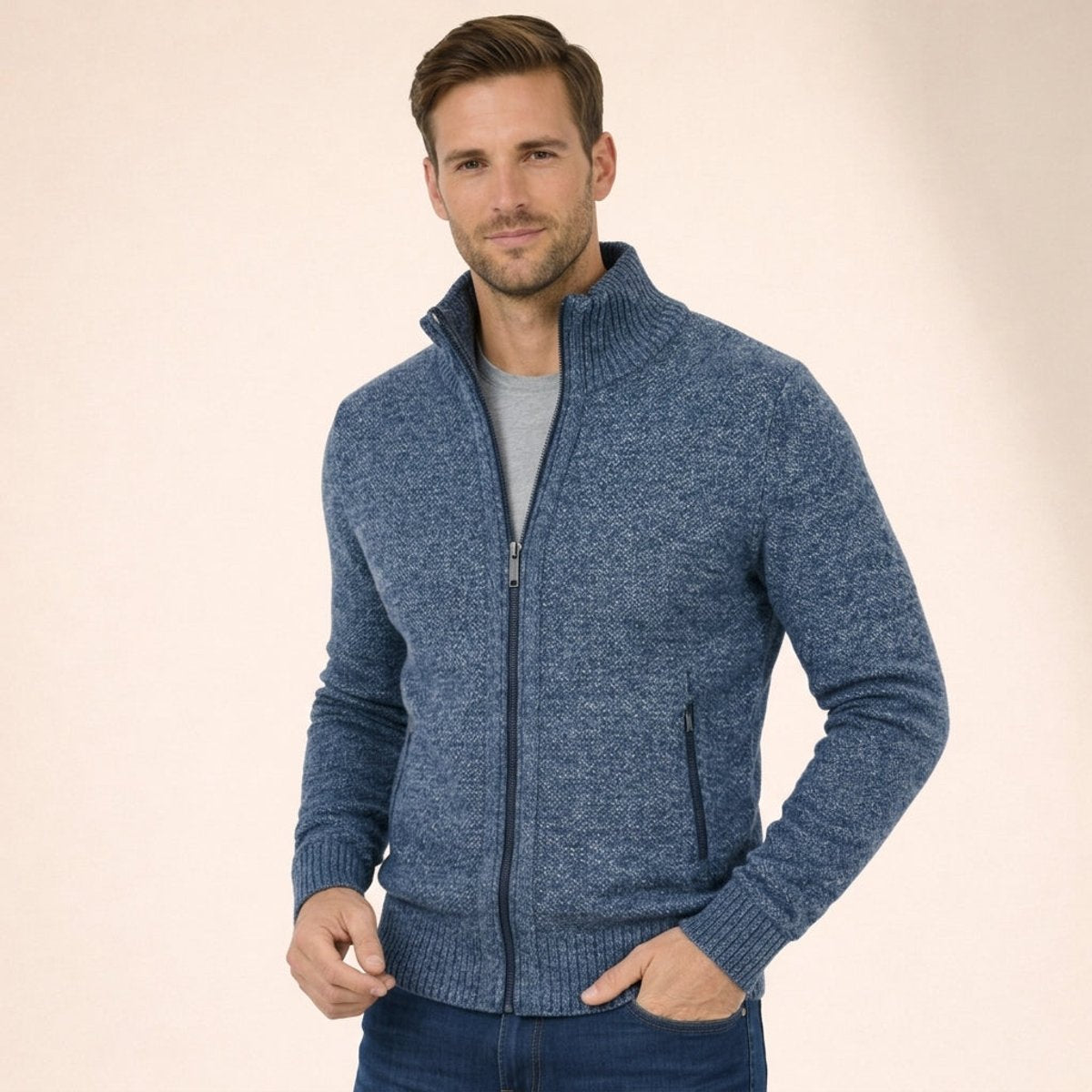 Men's Merino Wool Full-Zip Mock Neck Sweater - Tailored Warmth - Blue
