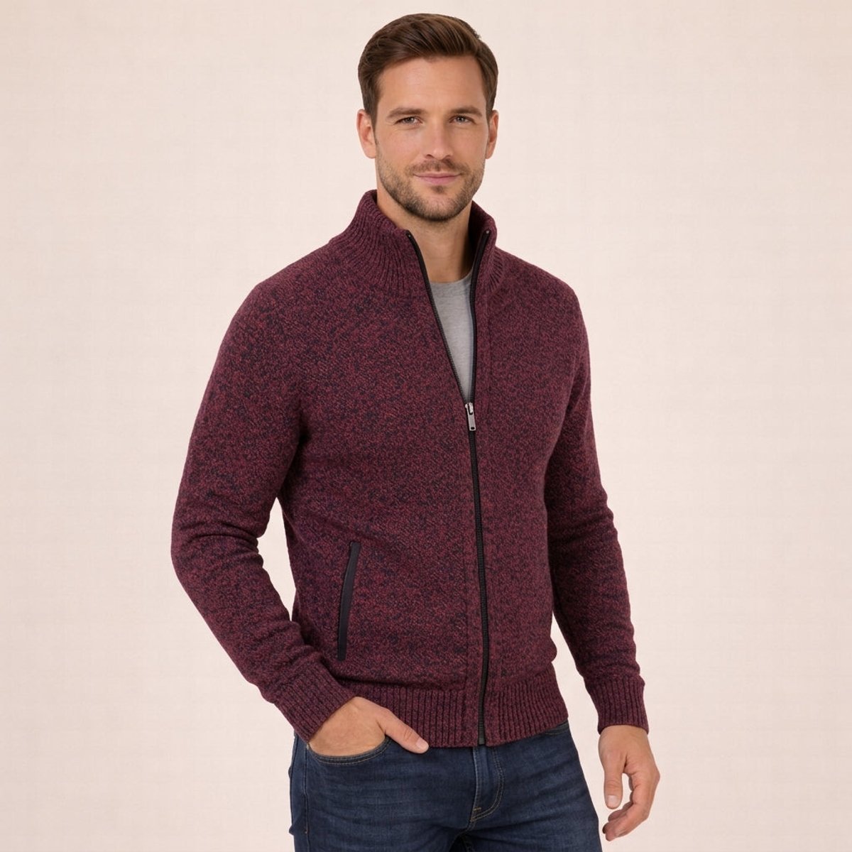 Men's Merino Wool Full-Zip Mock Neck Sweater - Tailored Warmth - Burgundy