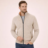 Men's Merino Wool Full-Zip Mock Neck Sweater - Tailored Warmth - Cream