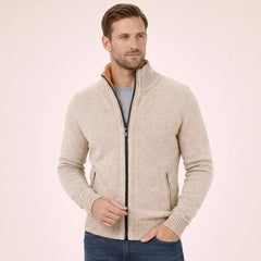 Men's Merino Wool Full-Zip Mock Neck Sweater - Tailored Warmth - Cream