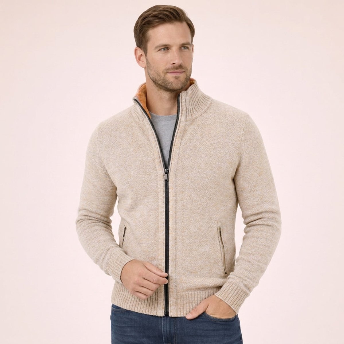 Men's Merino Wool Full-Zip Mock Neck Sweater - Tailored Warmth - Cream